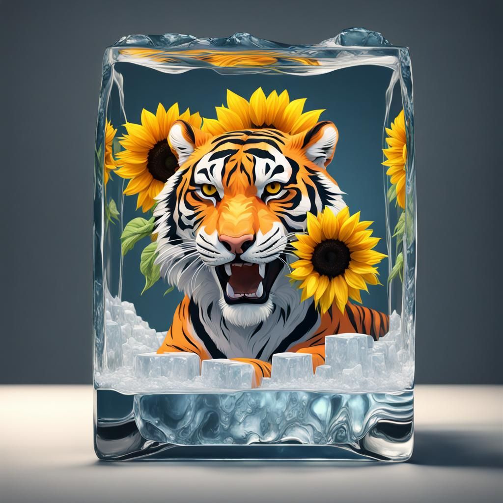 Tiger and Sunflowers in Ice Cube: Surreal 3D Art