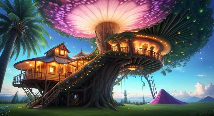Surreal Fairy Fruit-Treehouse with Giant Mushrooms