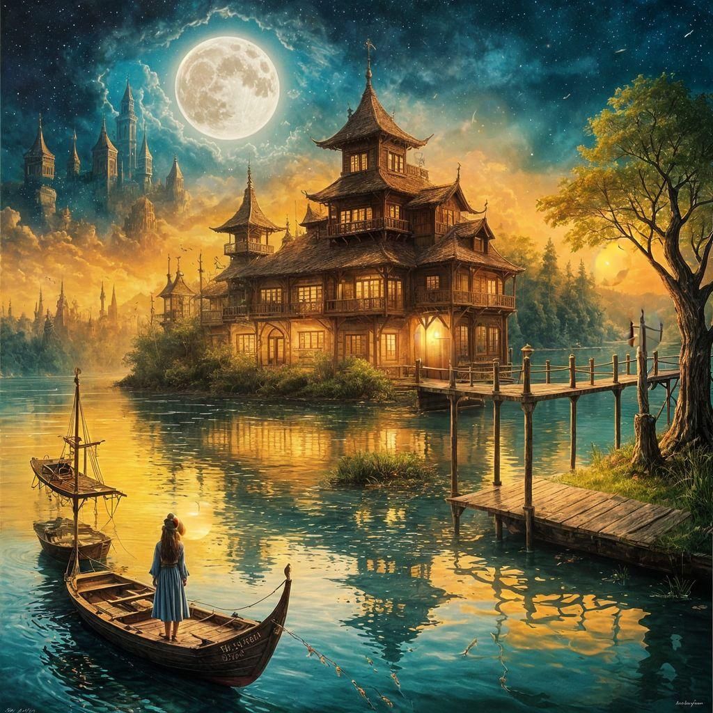 Magical Moonlit Lake Scene with Lonely Girl