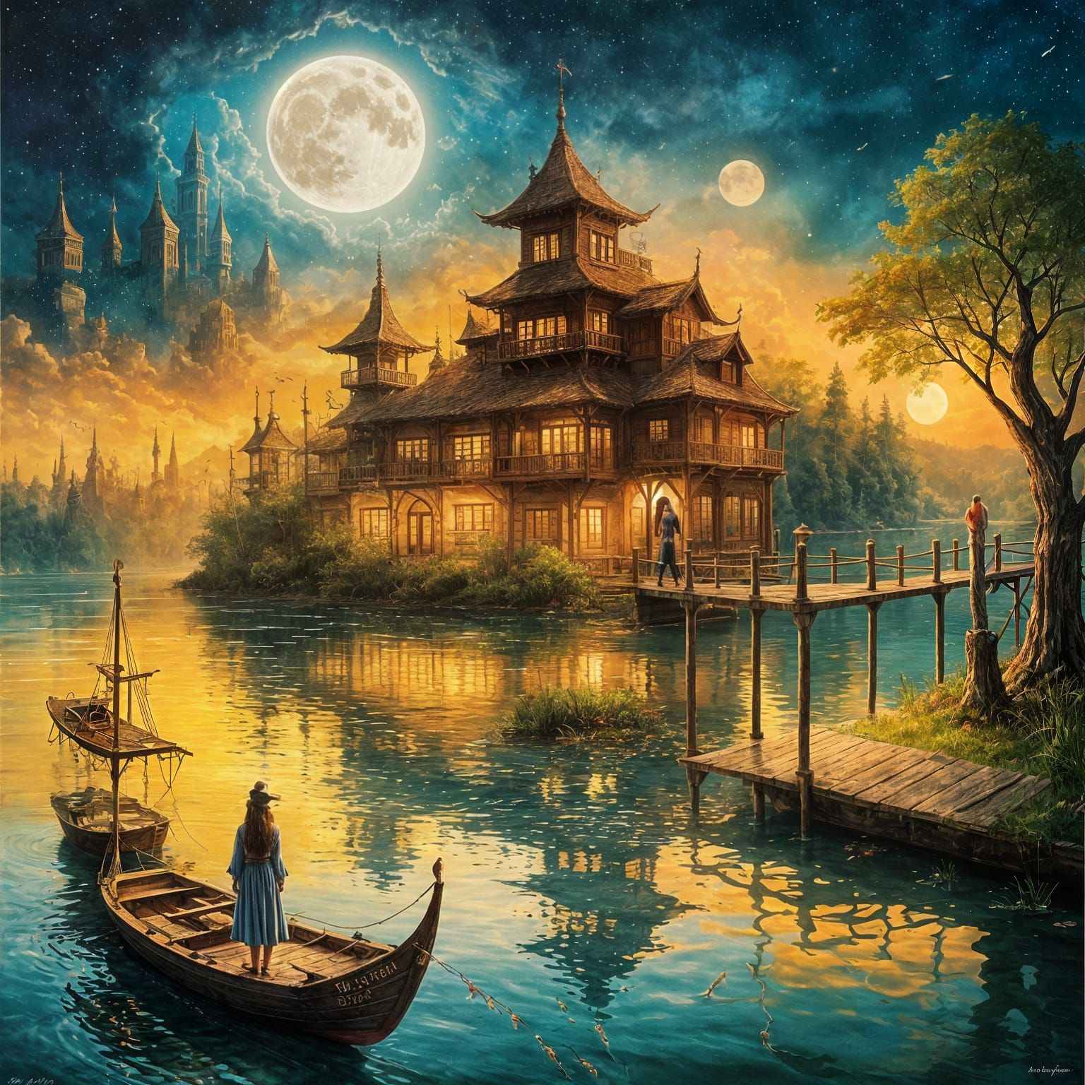 Magical Lake Scene with Lonely Girl and Moon