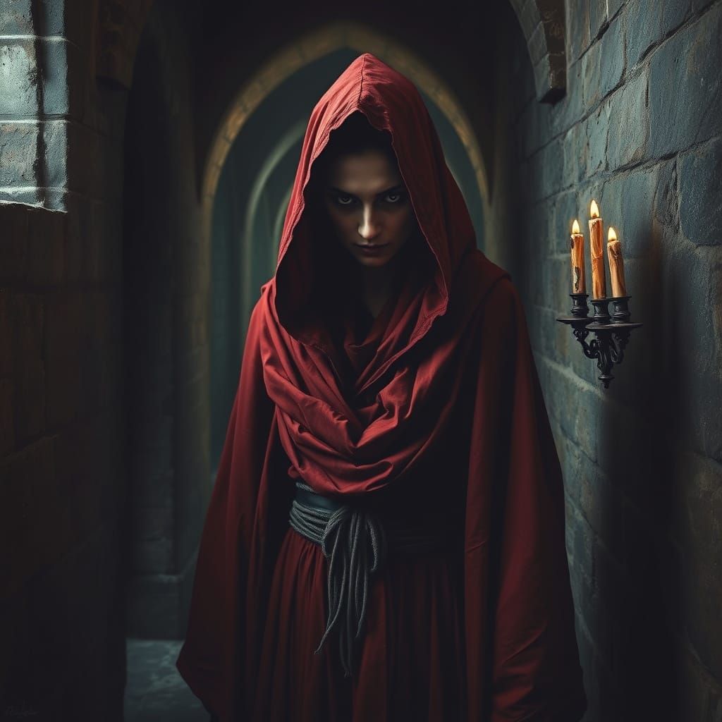 Dark Surrealist Figure Conceals Herself in Medieval Monaster...