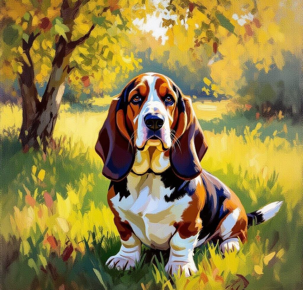 Impressionist Basset Hound in Dappled Sunlight