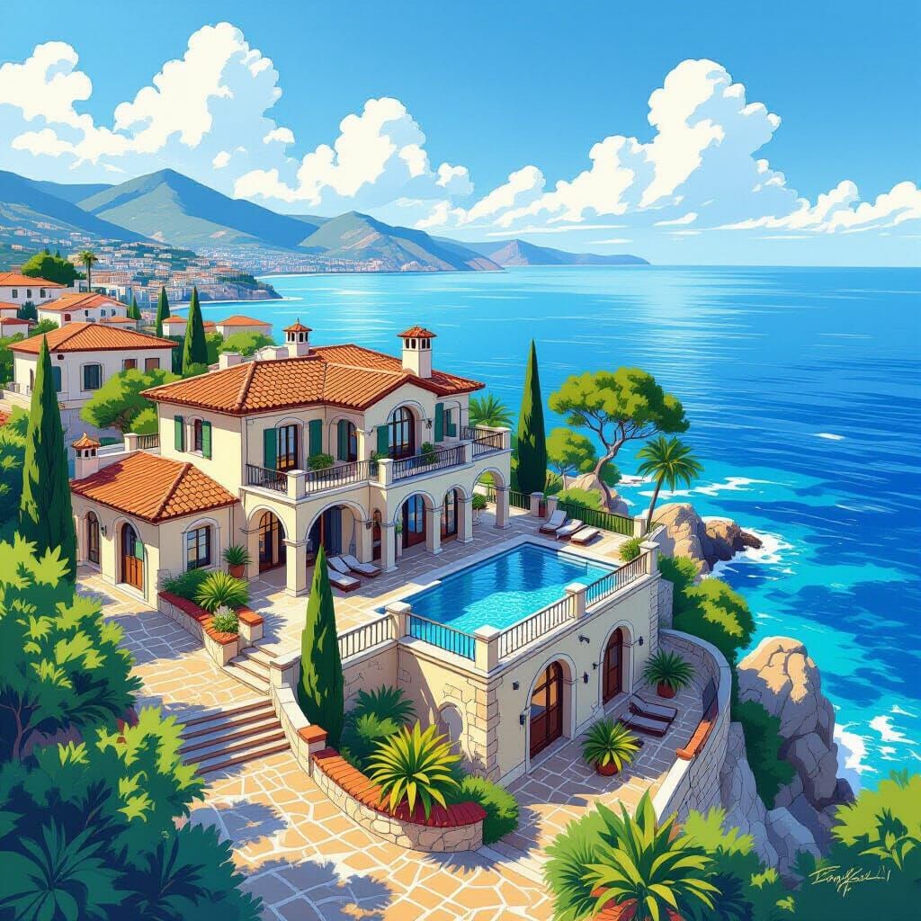 Mediterranean Villa by the Sea in Comic Art Style