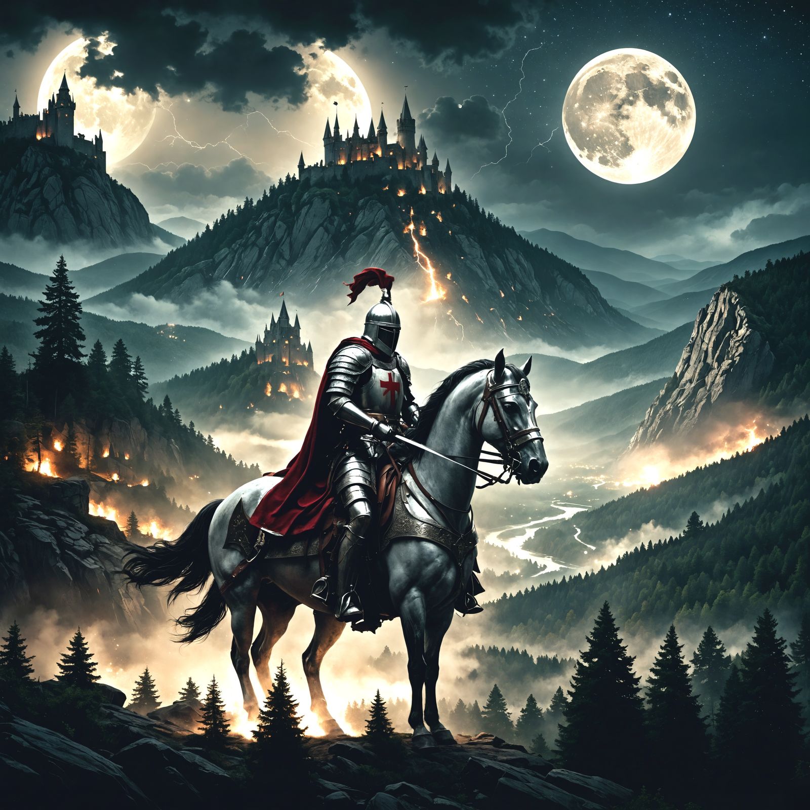 Templar Knight Double Exposure in Manhwa Comic Style