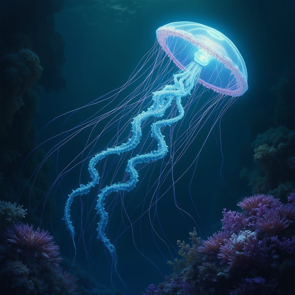 Bioluminescent Jellyfish Cat in Alien Ocean