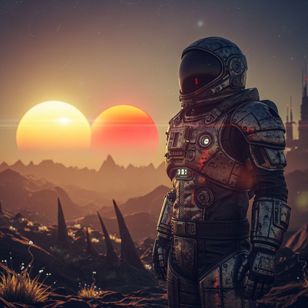 Astronaut Watches Binary Sunset on Alien Planet