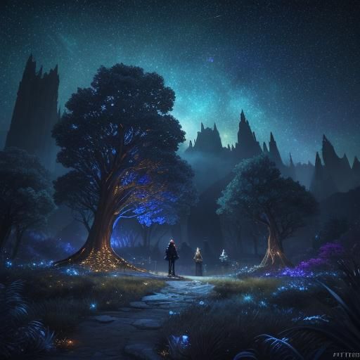Enchanting Night Scene with Fairy Lights, Detailed Art
