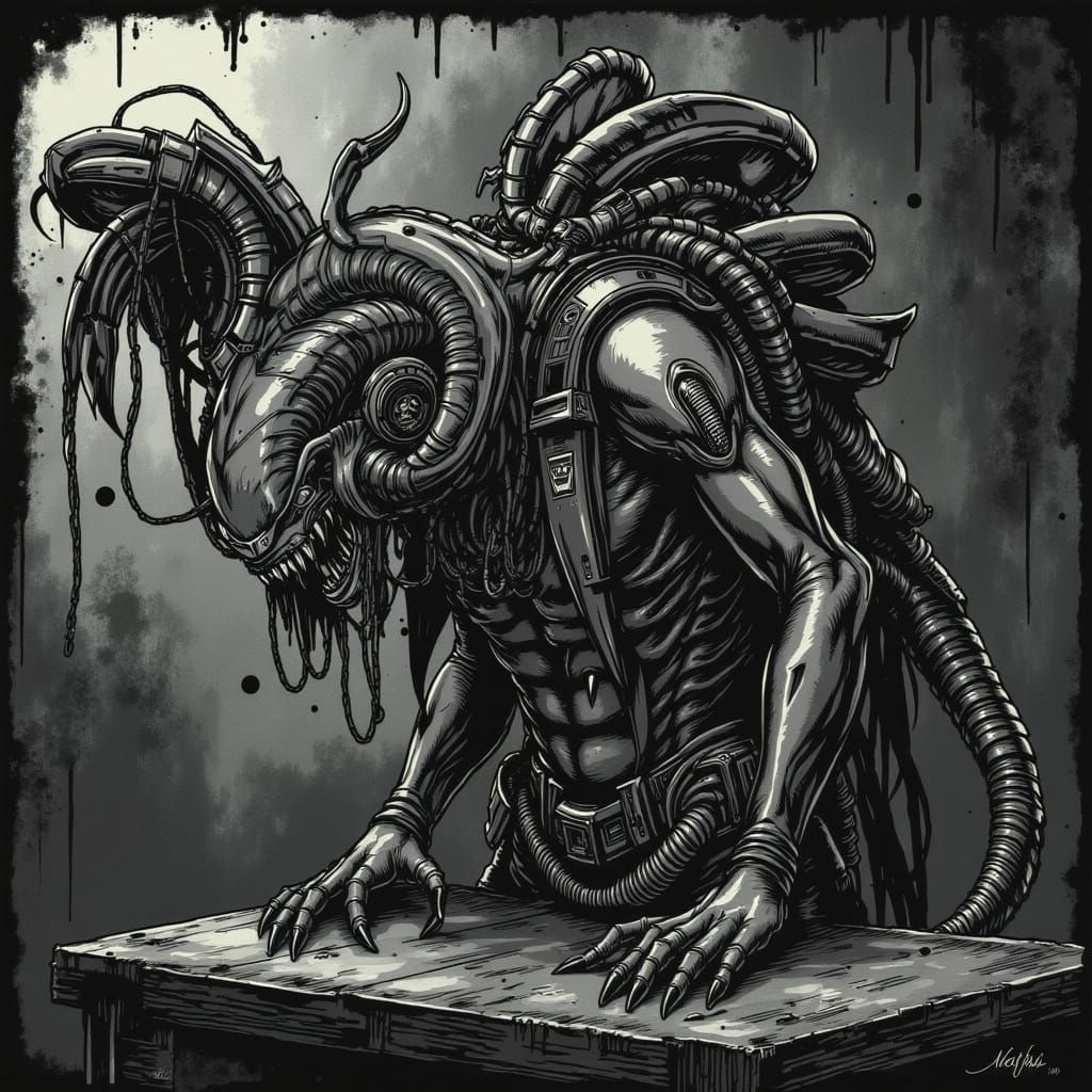 Aquatic Biomechanical Figure in H.R. Giger Style