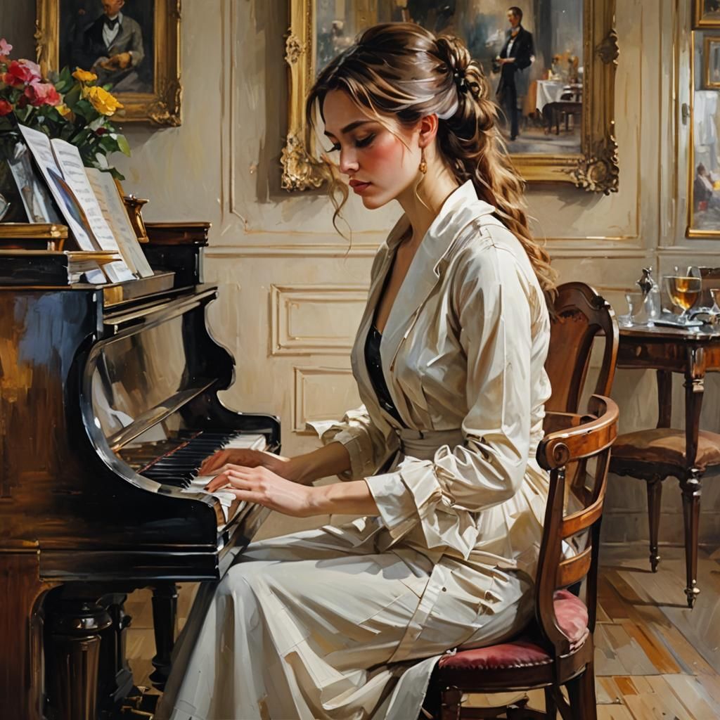 Regency Era Young Female Pianist in Intense Expressionism St...