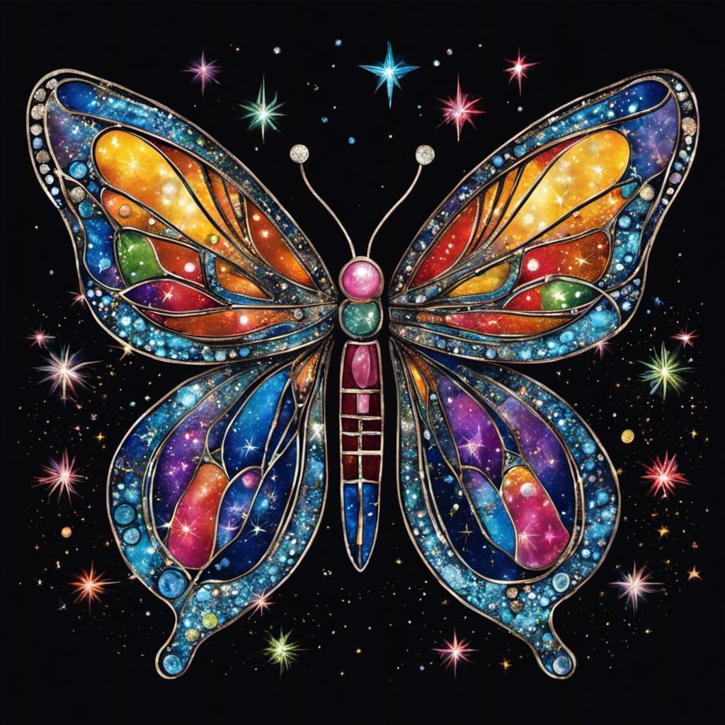 Stained Glass Butterfly in Starry Cosmos, Art Brut