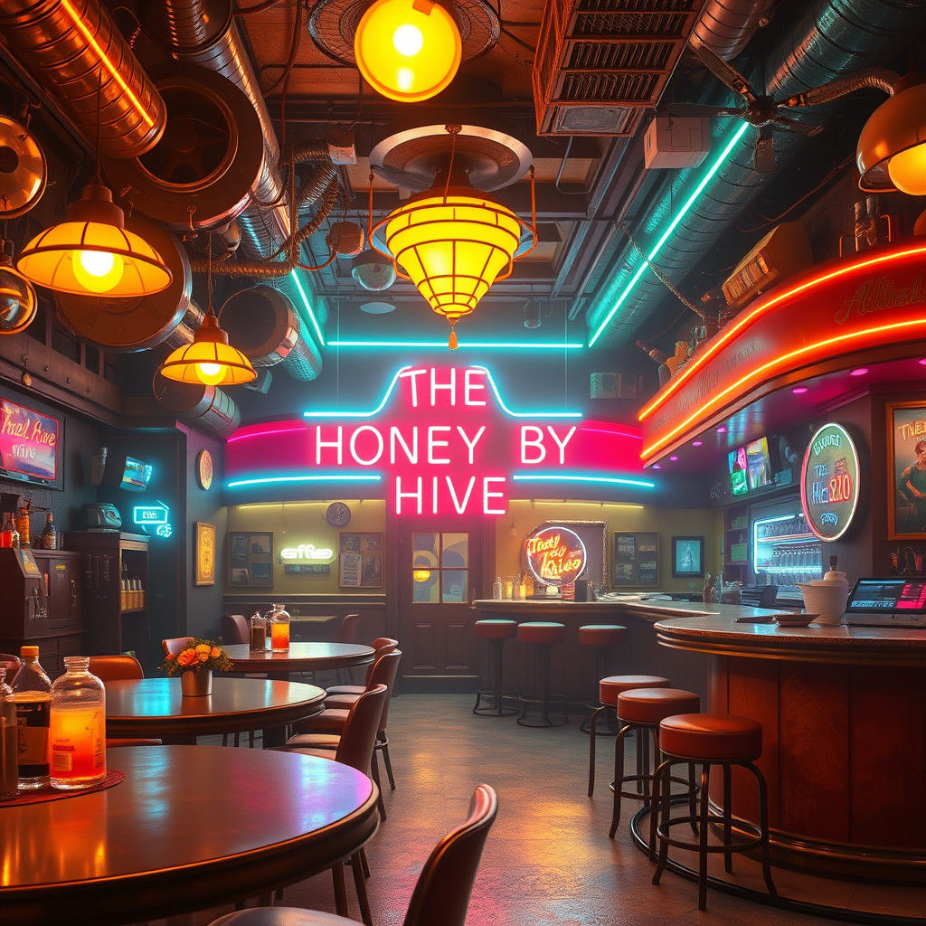 Retro-Futuristic Honey Bee Dive Bar in Matte Painting Style