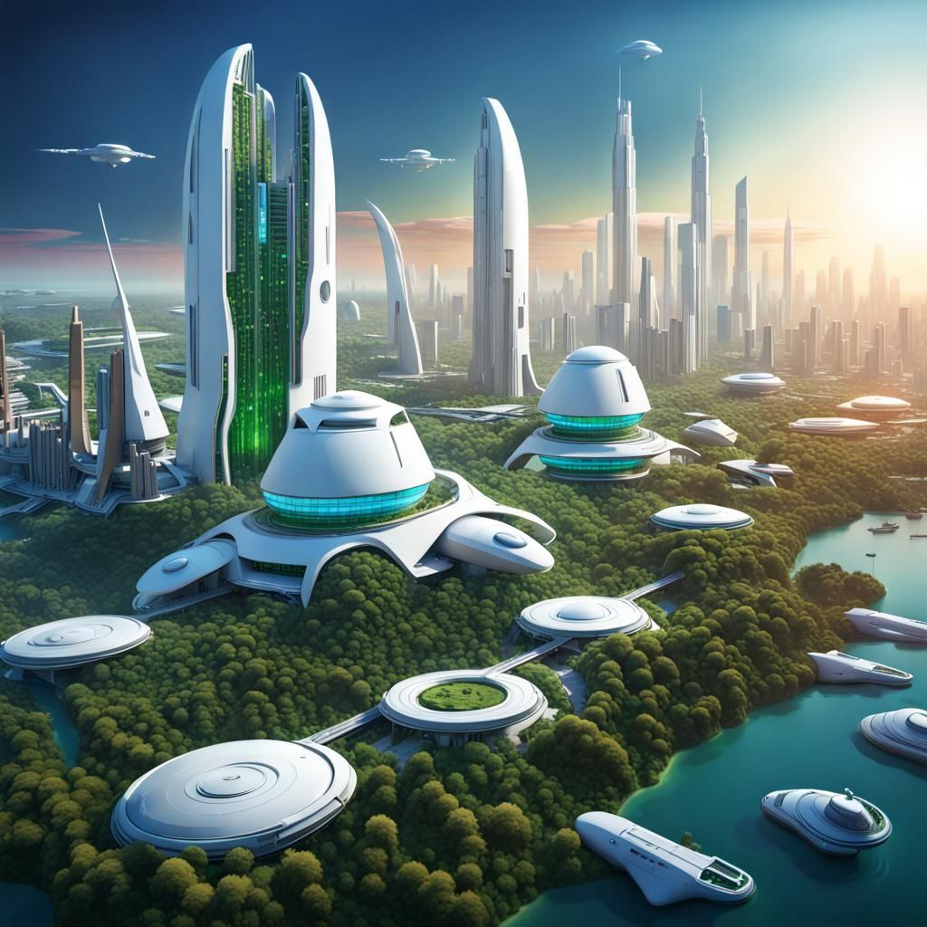 Detailed Futuristic Utopian City at Sunset