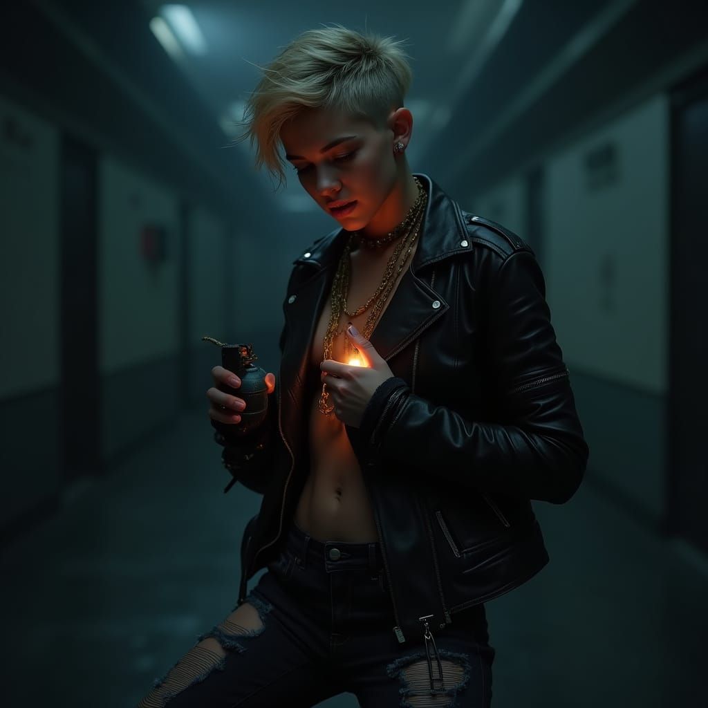 Woman Holding Grenade in Futuristic Cyberpunk Style