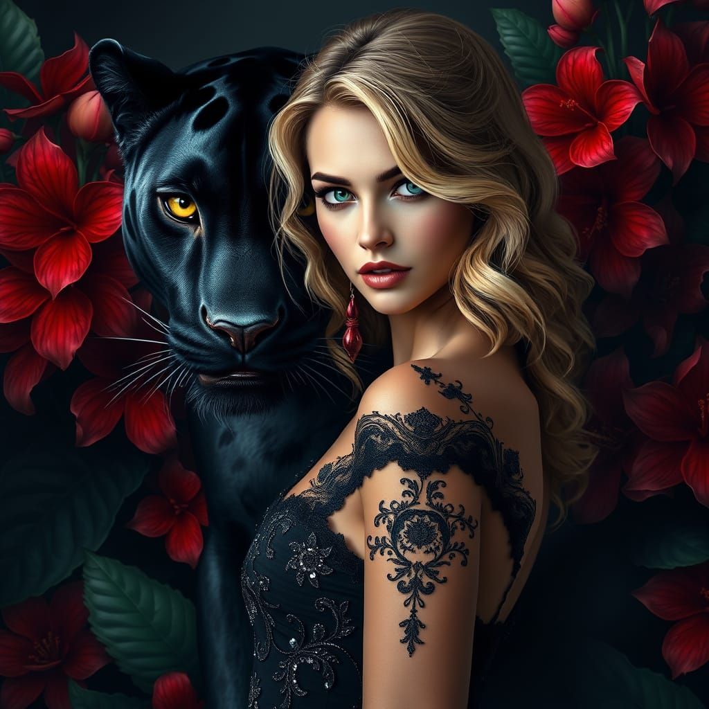 Ethereal Goddess Beside Panther in Luxurious Evening Attire