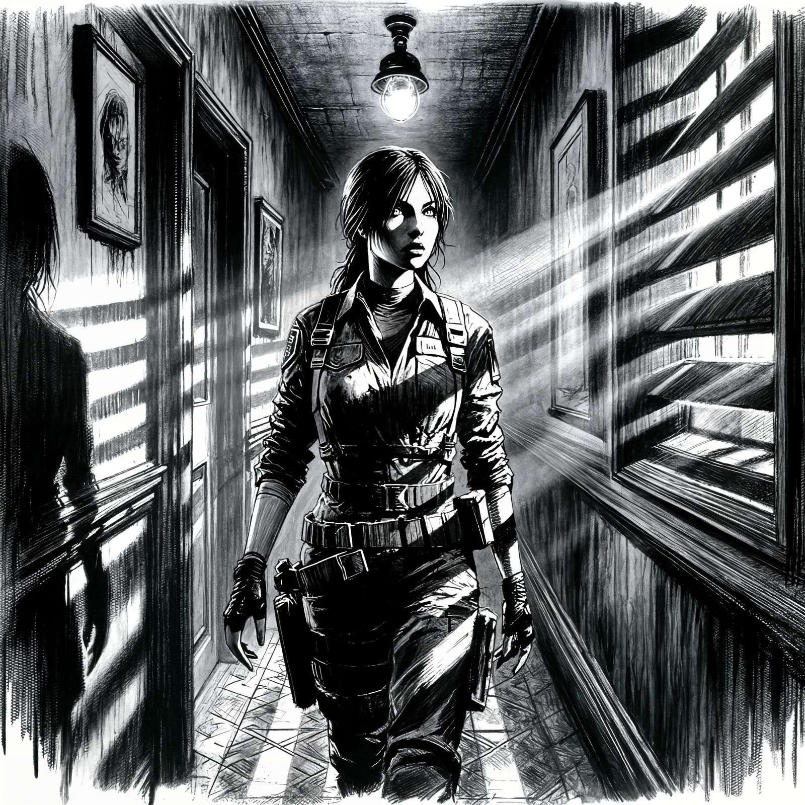 Suspenseful Horror Scene in Charcoal and Ink