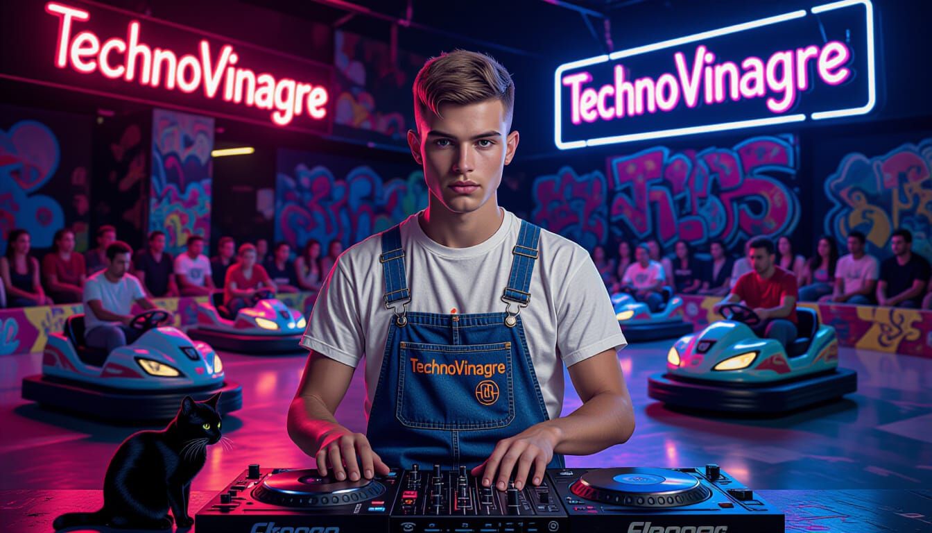 DJ Man with Black Cat and Neon Sign