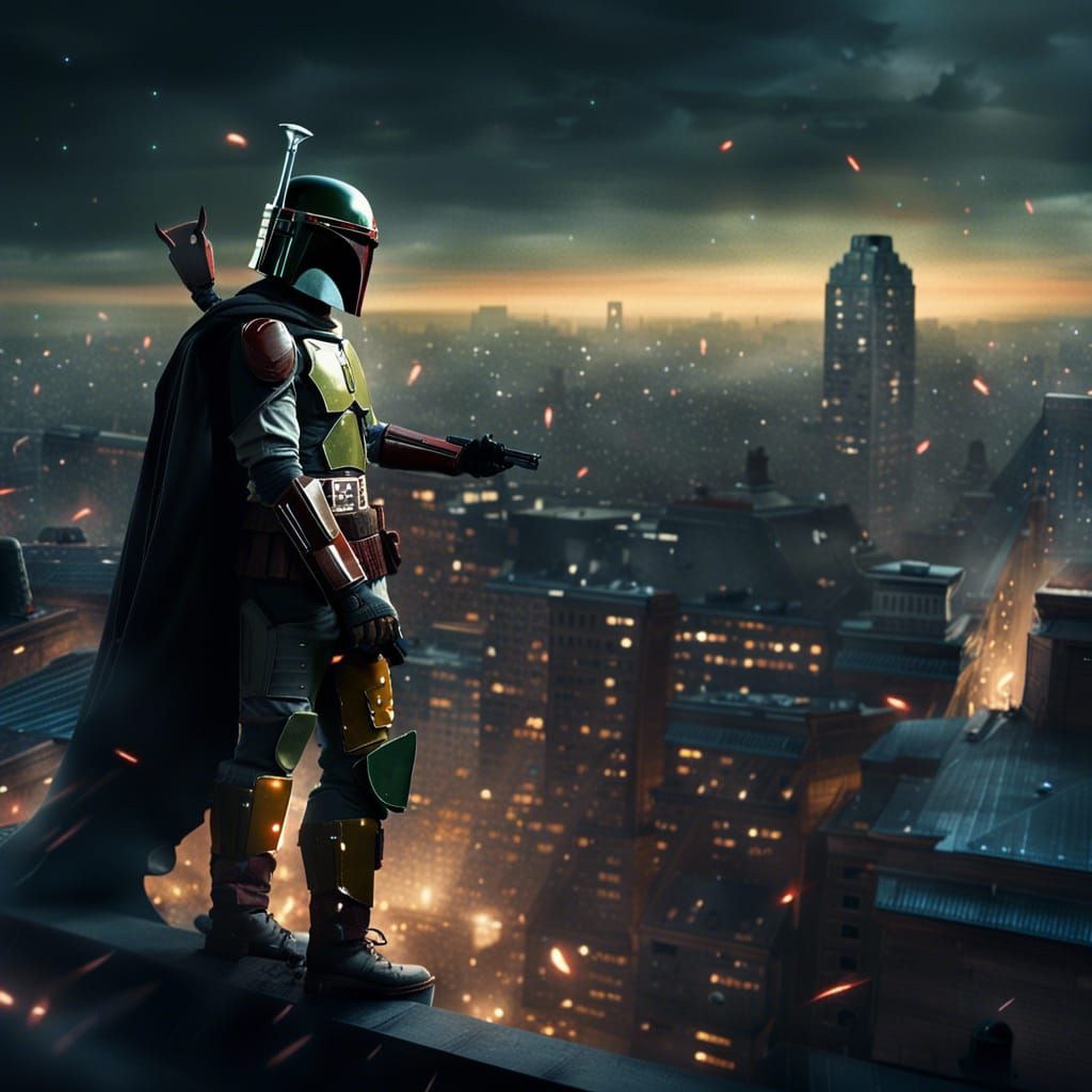 Epic Battle: Boba Fett vs Batman on Rooftop