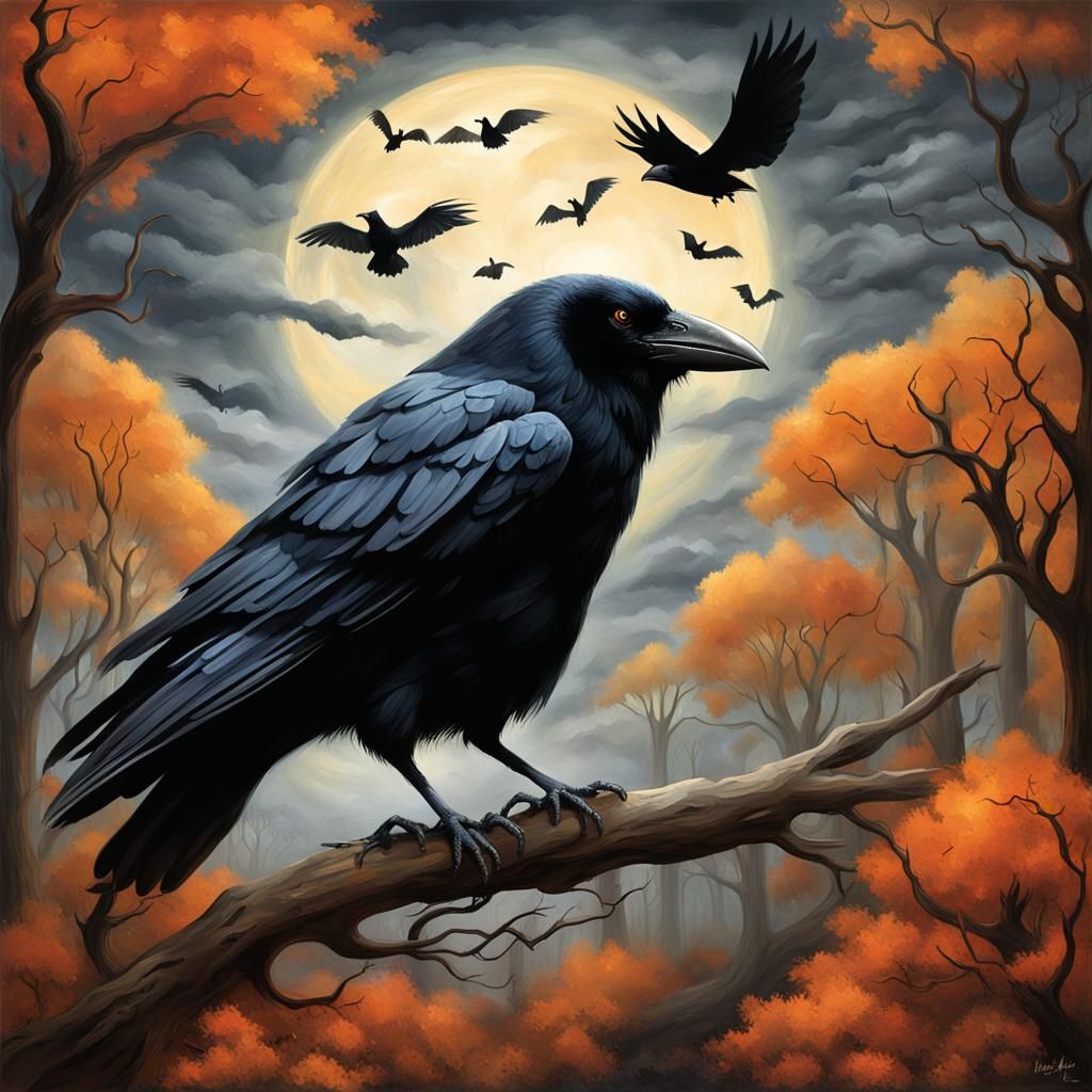 Whimsical Halloween Crow in Dramatic Sky