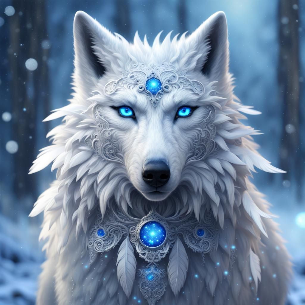 Magical Snow Wolf with Blue Wings in Snowy Forest