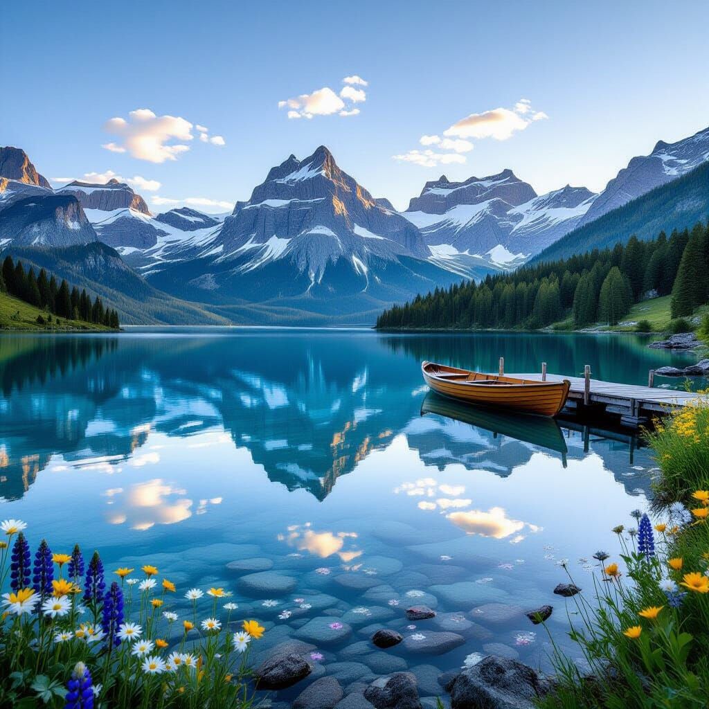 Alps Mountains Reflected in Alpine Lake at Golden Hour