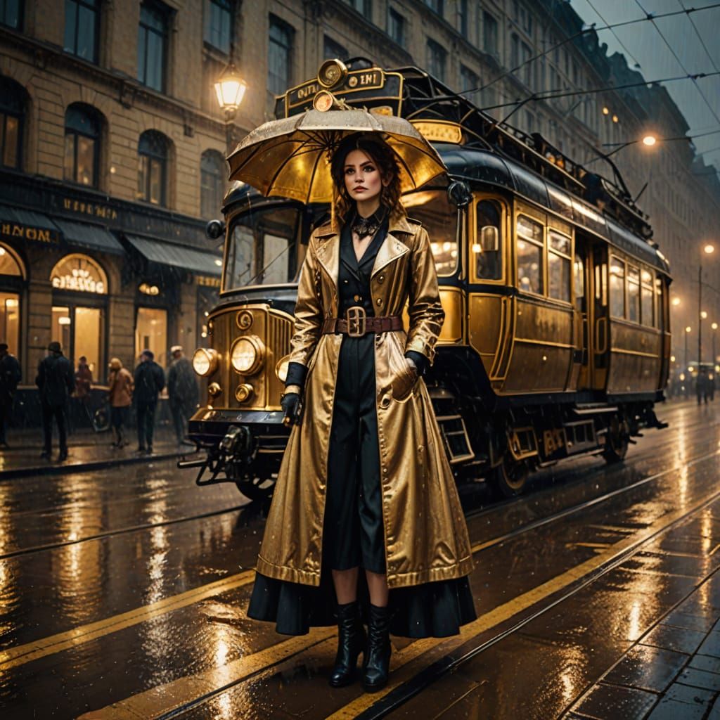 Steampunk Beauty with Gold Tram in Rainy Night