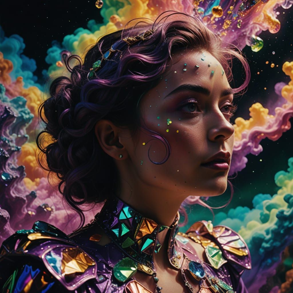 Ethereal Crystal Goddess in a Swirling Psychedelic Universe