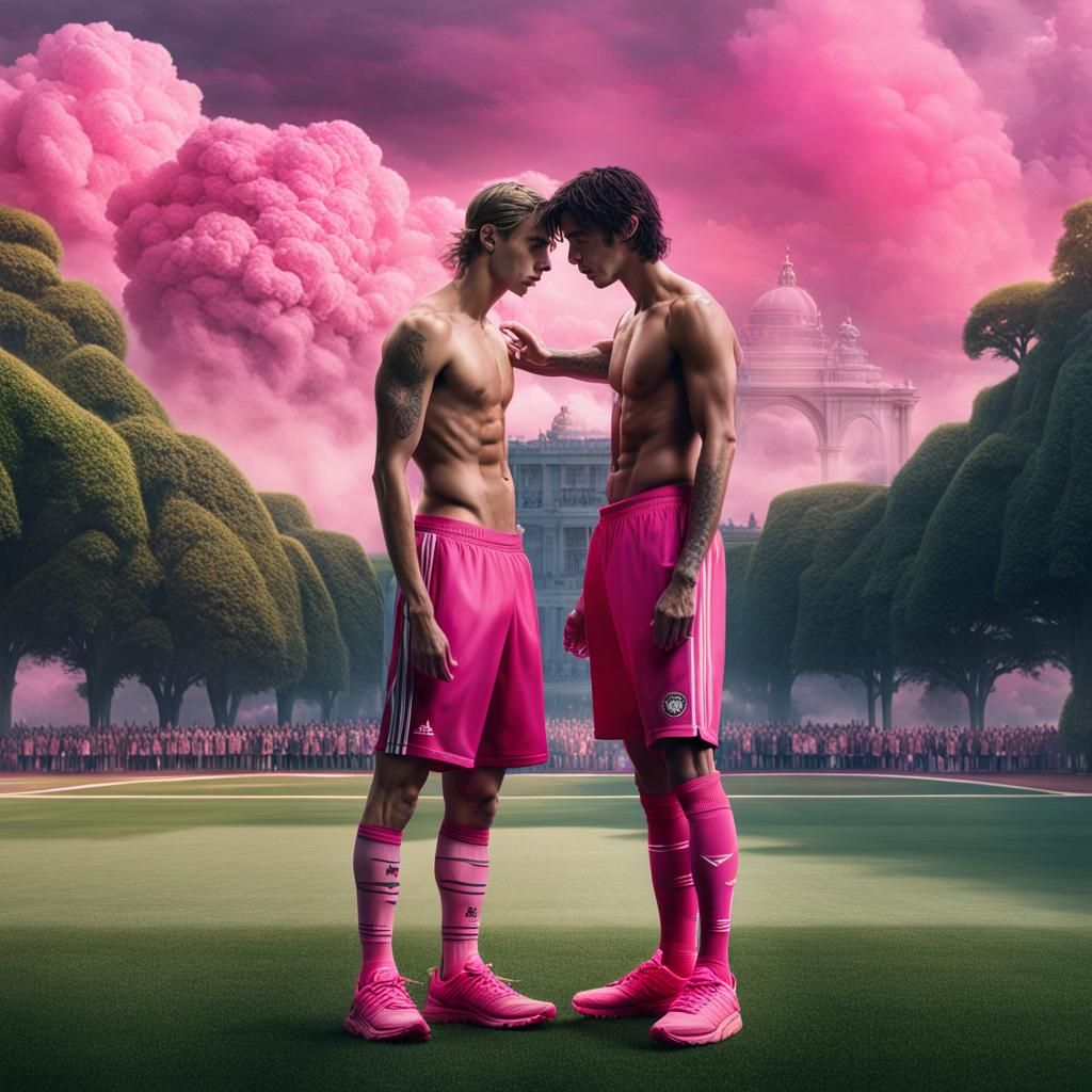 Shirtless Celebrities Embrace in Park: Digital Painting