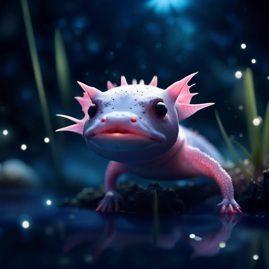 Hyperrealistic Axolotl in Twilight Lake: Concept Art