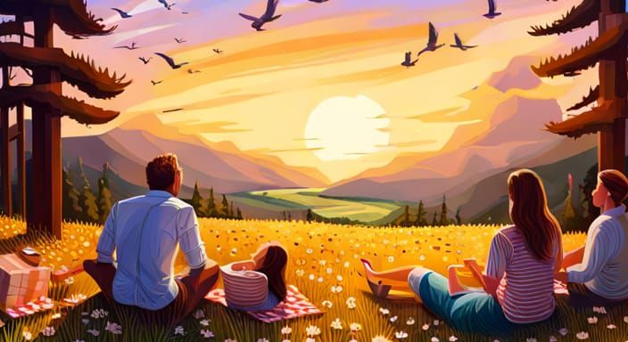 Summer Picnic: Family in a Colorful Meadow
