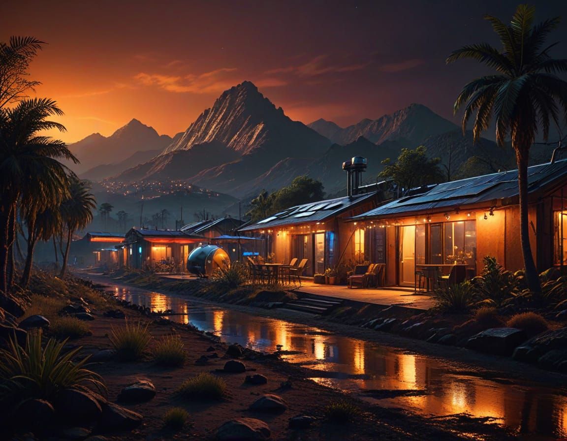 Hyper-Realistic Solarpunk Settlement at Night