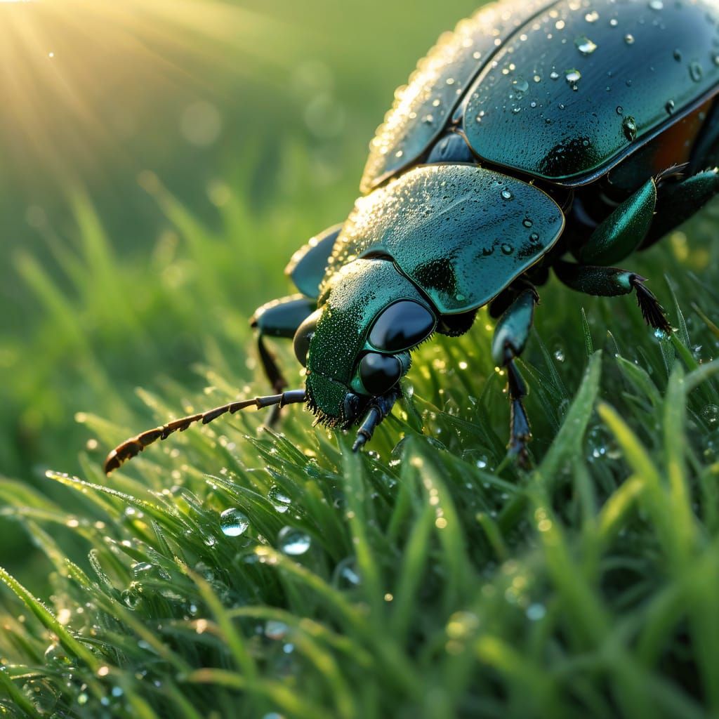 Beetle Climbing Dewy Grass: Photorealistic Macro