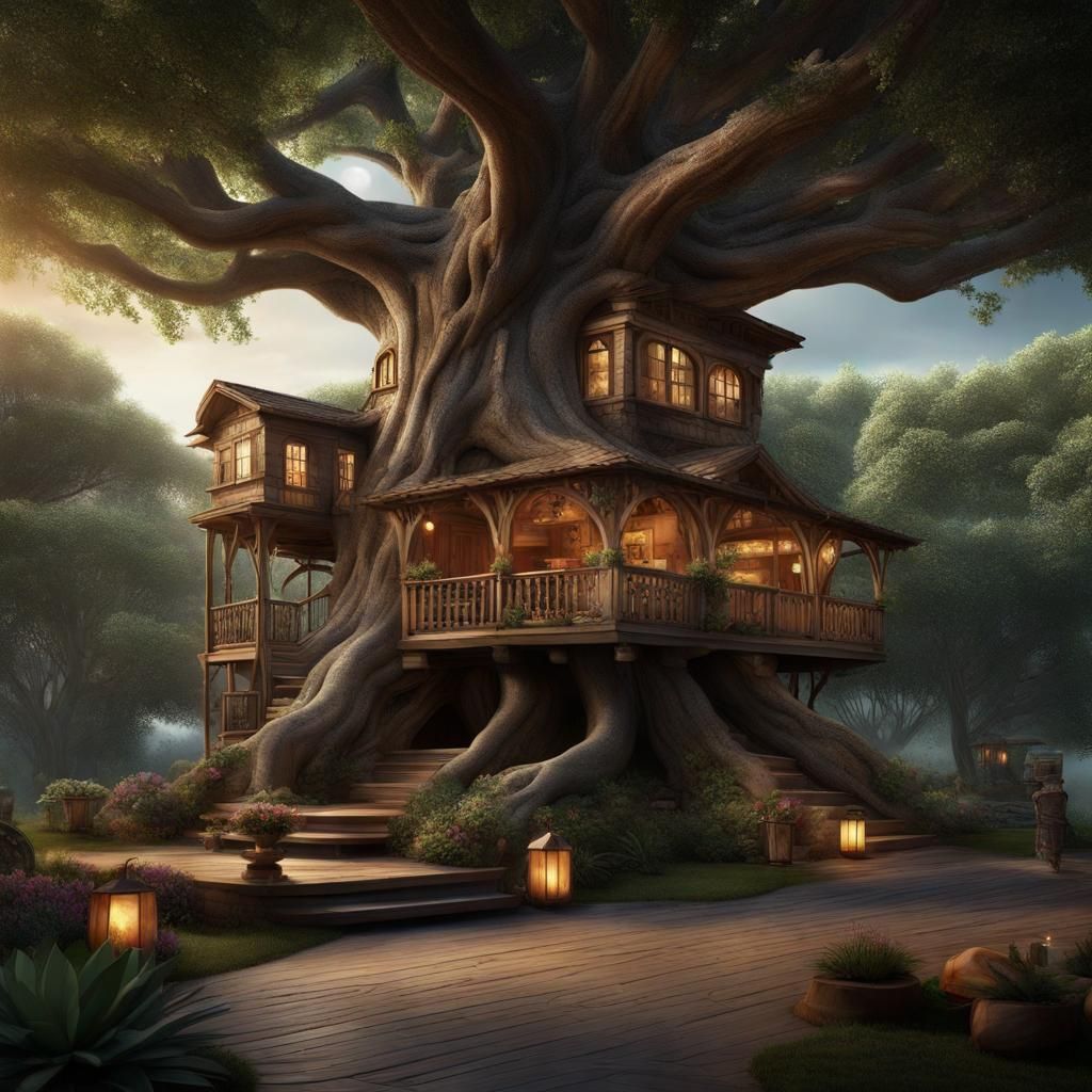 Elaborate Treehouse with Outdoor Living in Fantasy Art