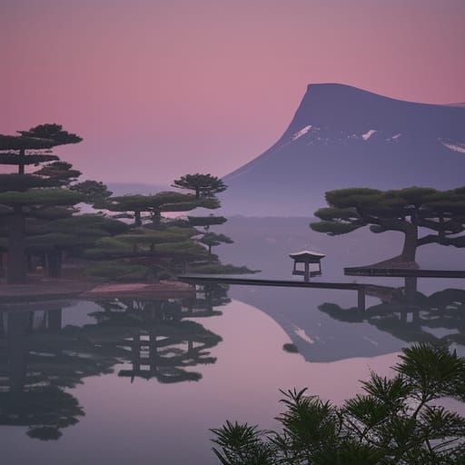 Meditating Samurai at Torii Gate in Zen Garden