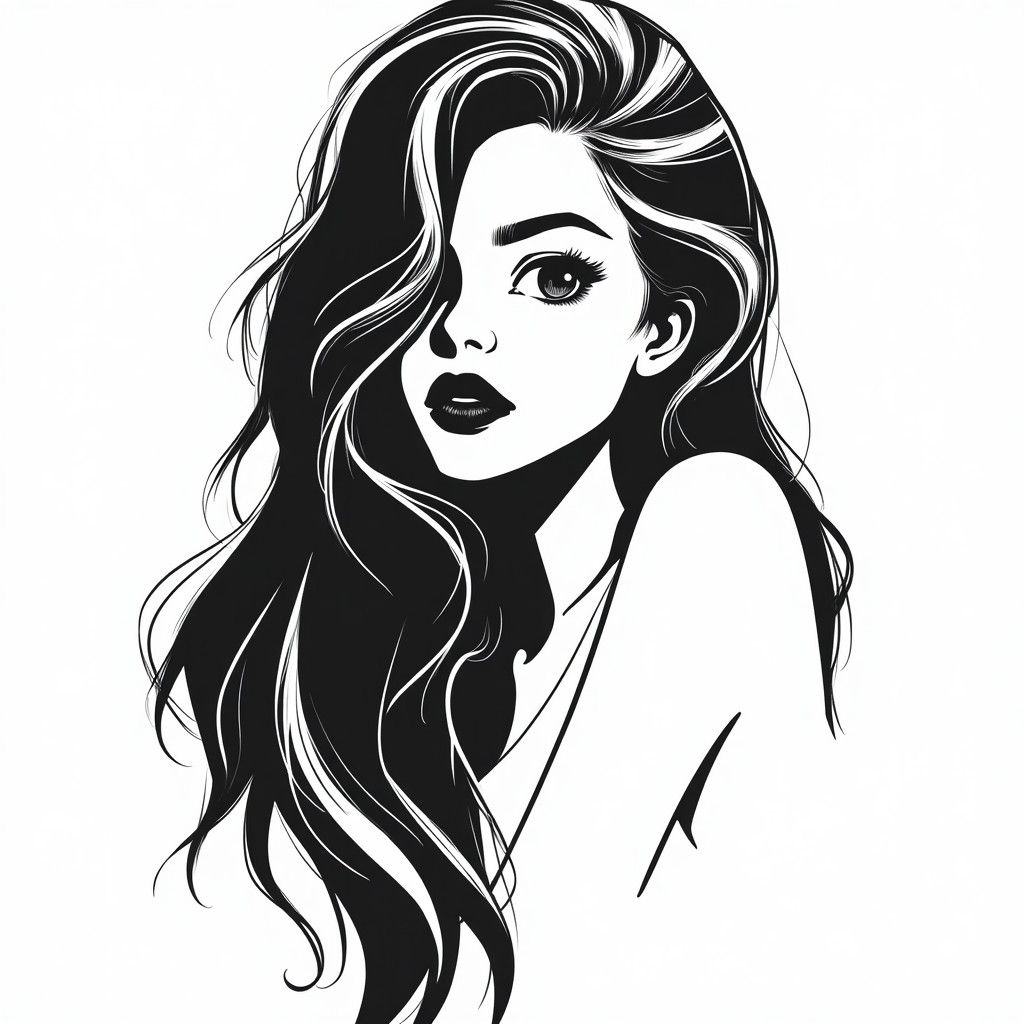 High Contrast Portrait with Flowing Hair in Black and White