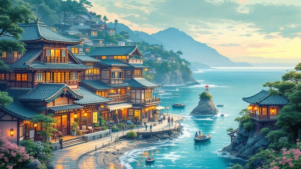 Tranquil Japanese Seaside City in Impressionist Style