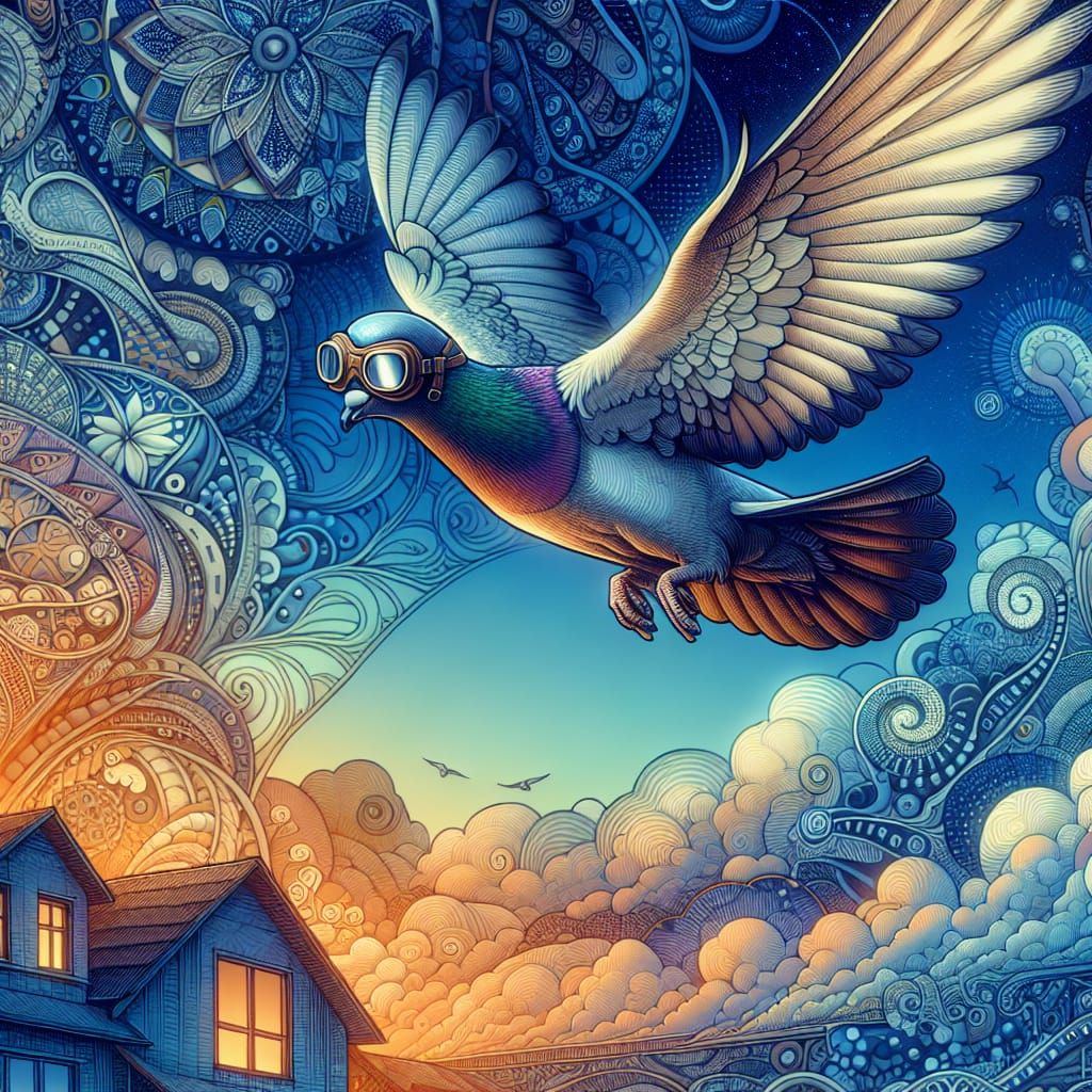 Pigeon Soaring Through a Radiant Fantasy Sky