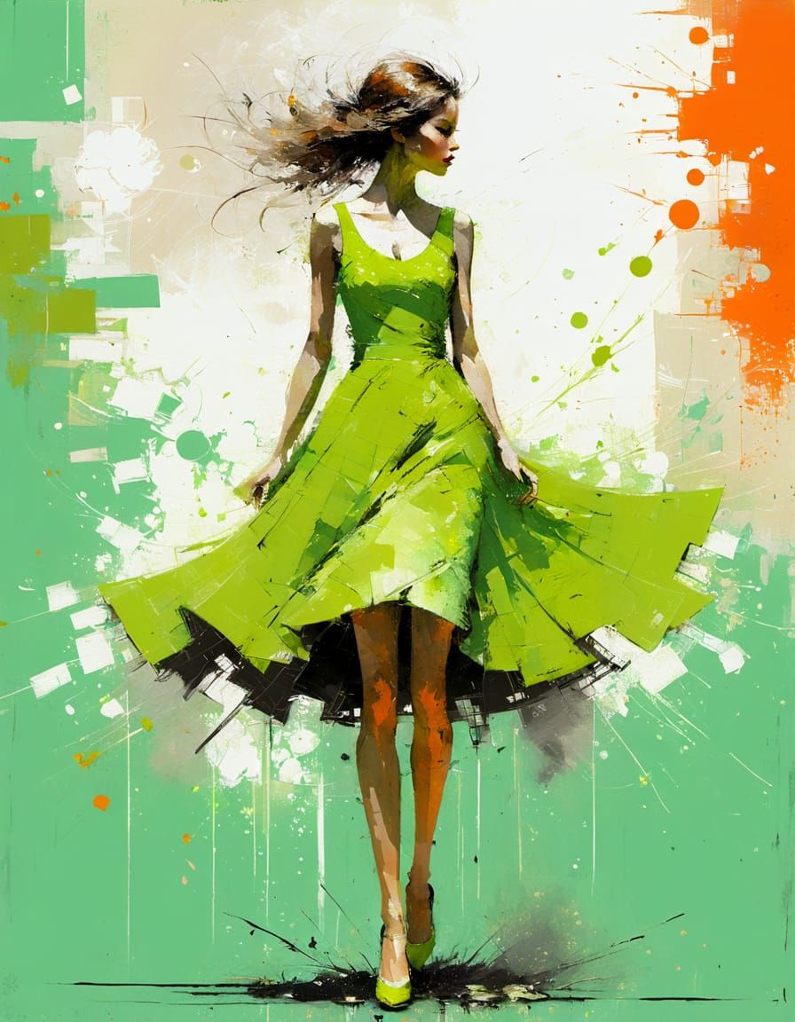 Falling Figure in Neon Green Dress as Impressionist Art