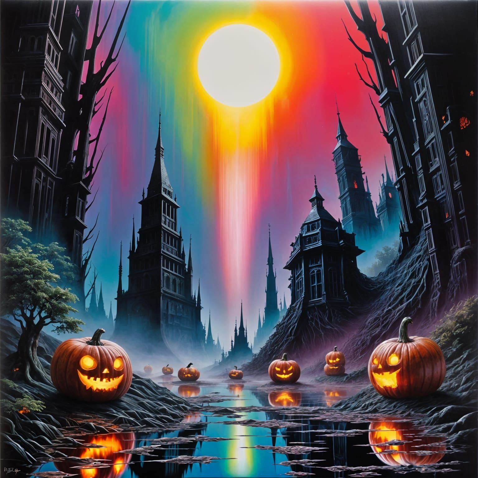 Spooky Halloween Scene with Iridescent Elements