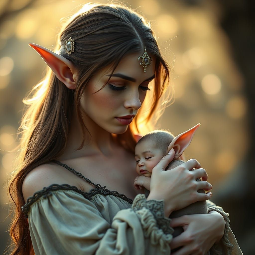 Serene Elf Mother and Baby in Soft Ethereal Light