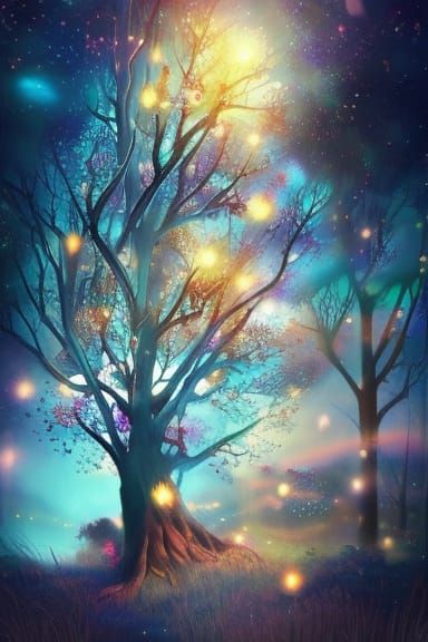 Magical Glowing Fantasy Tree with Twinkling Stars