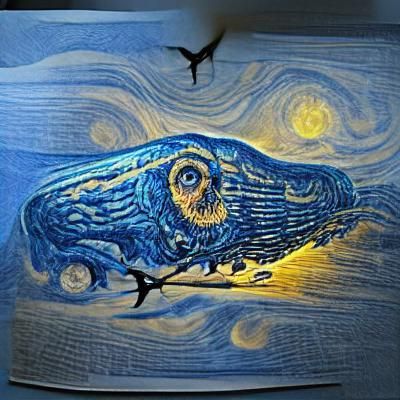 Owl Catches Whale: Woodcut Watercolor in Van Gogh Style
