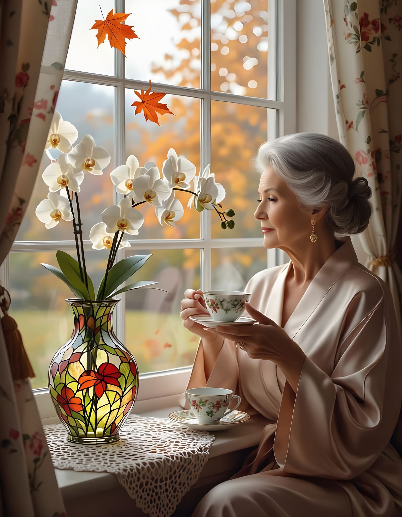 Orchids by Autumn Window with Woman Drinking Tea