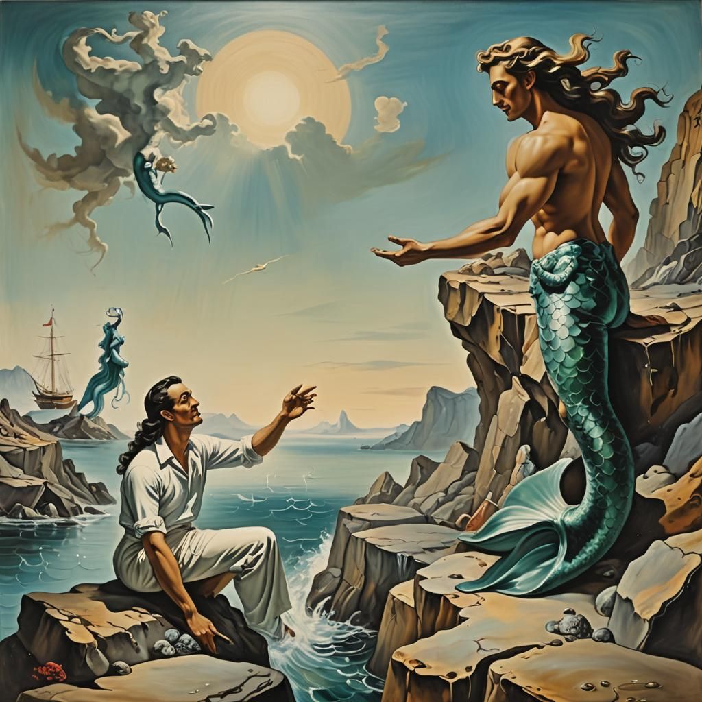 Surreal Sailor Reaches for Mermaid, Dali Style