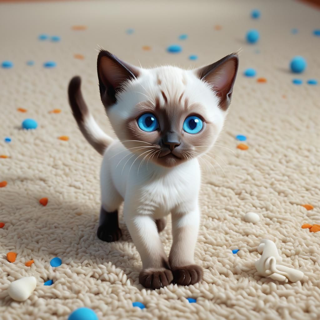 Cute Siamese Kitten Playing: 3D Digital Art