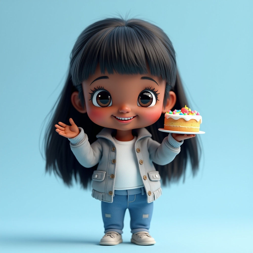 Cute Black Girl Doll Holding Cake: 3D Render