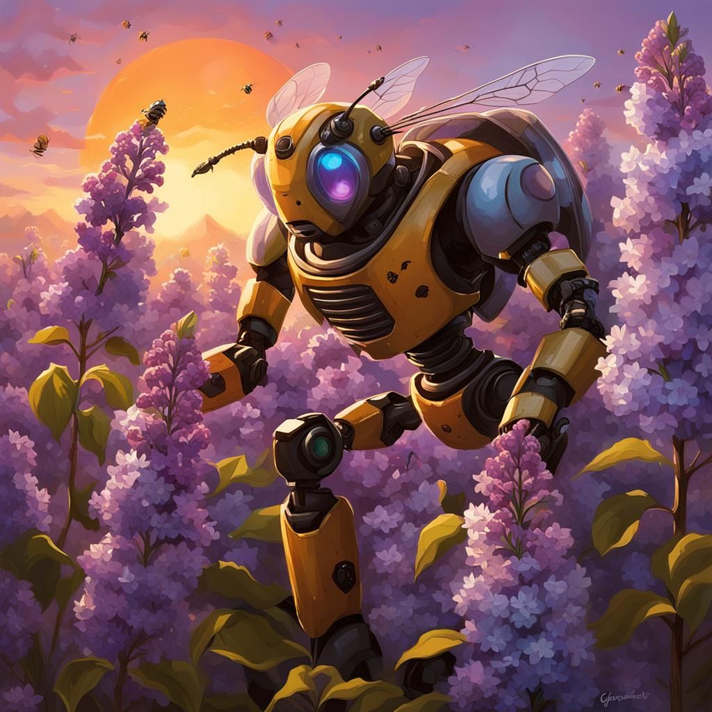 Robot Bee Harvests Lilacs at Sunset