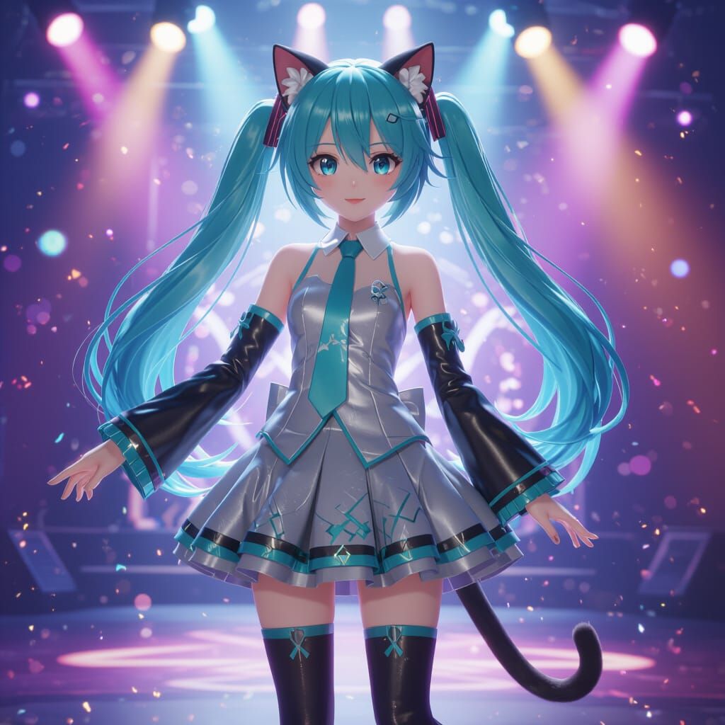 Catgirl Miku on Stage in Vibrant Anime Art