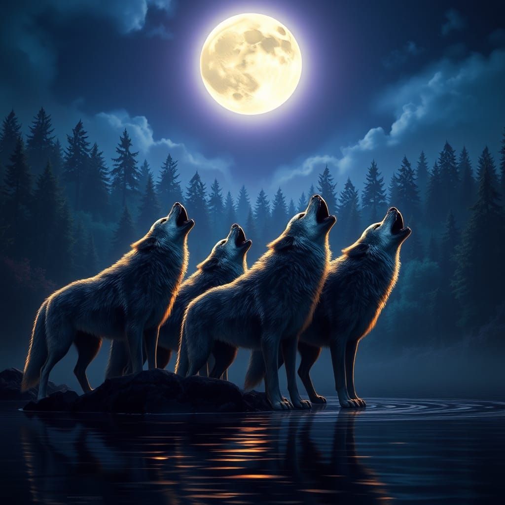 Majestic Wolves Howling Under Moonlight: Dark Fantasy Art