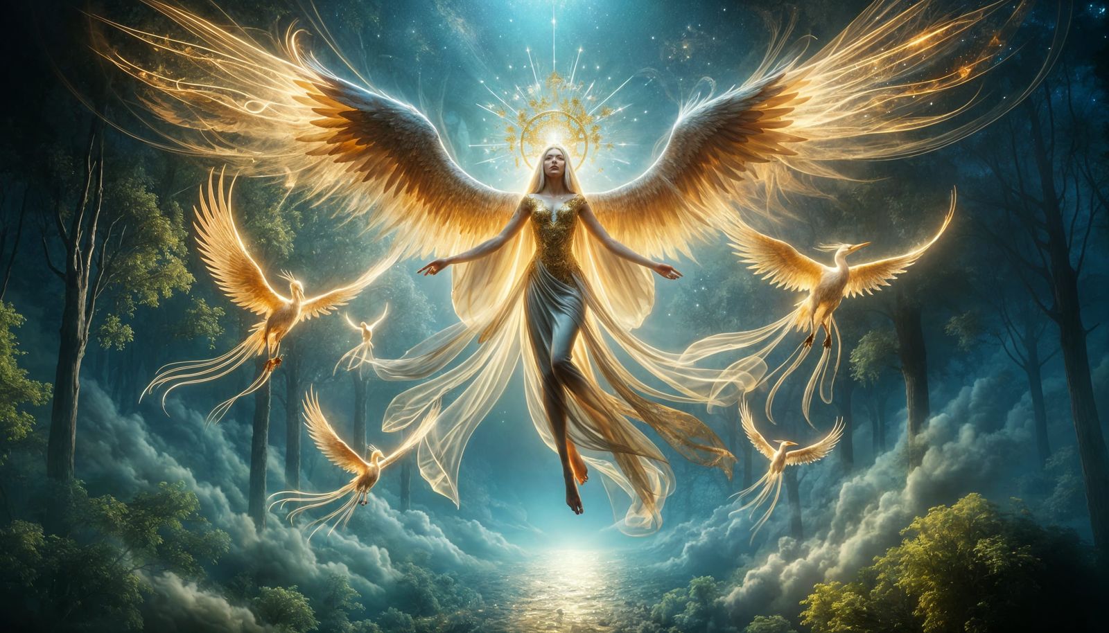 Ethereal Heron-Blessed Spirit in Mystical Forest