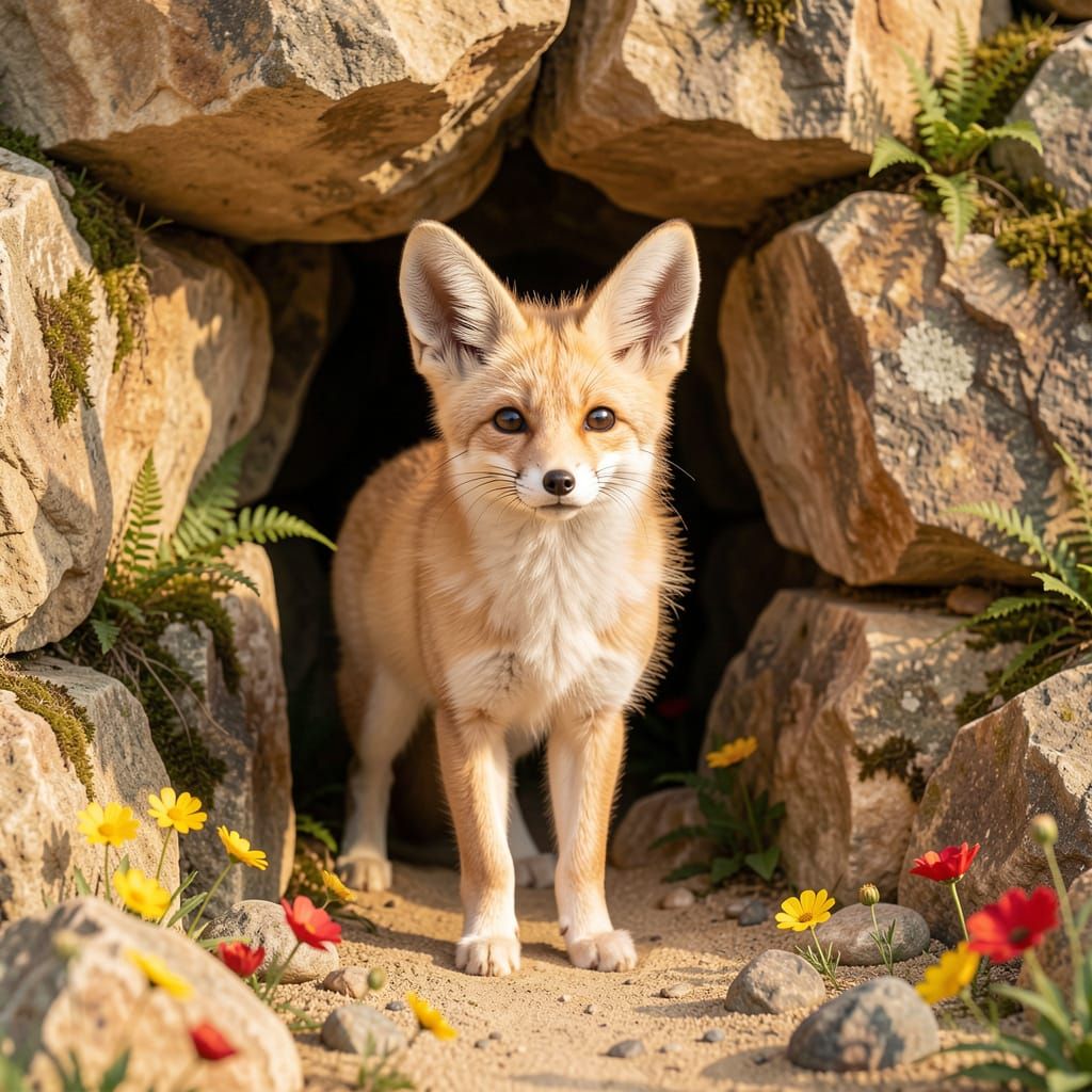 Fennec Fox in Rocky Cave Entrance, Photorealistic